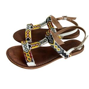 freebird Beaded T‑Strap Sandals in White, Yellow & Brown